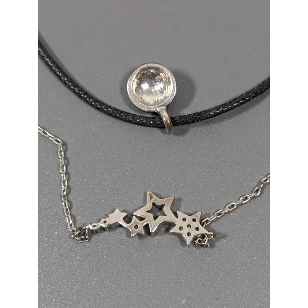 Silver Tone Rhinestone Star Layered Necklace Black‎ Cord 16